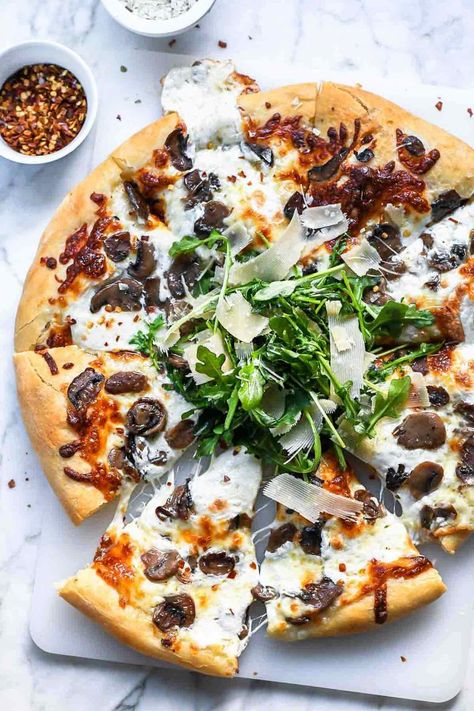 Truffled Mushroom Pizza Recipe | foodiecrush.com Mushroom Pizza Recipes, Homemade Pizza Recipe Easy, Truffle Pizza, Mediterranean Orzo Salad, Homemade Pizza Dough Easy, Mediterranean Orzo, Vegan Truffles, Pizza Bianca, Baked Dinner Recipes