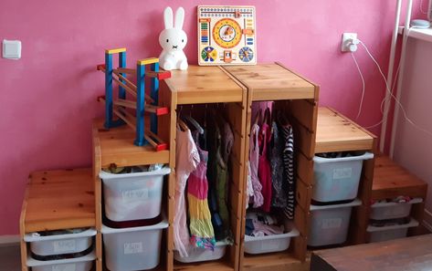 Ikea Trofast Wardrobe, Trofast Clothing Storage, Trofast For Clothes, Trofast Montessori Wardrobe, Trofast Wardrobe, Montessori Closet, Montessori Wardrobe, Room Sharing, Brighton Townhouse