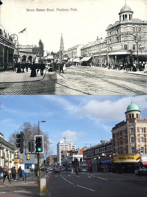 Finsbury Park, Seven Sisters Road at Blackstock Road & Stroud Green Road C1900 & 2014 | by Warsaw1948 Finsbury Park, Seven Sisters, London History, Old Images, London Town, Old London, The 20th Century, Vintage Pictures, London City