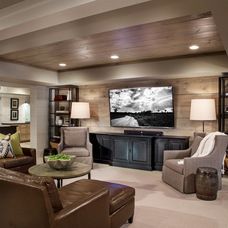 Love everything about this space! Rec Room Basement, Transitional Basement, Chrome Theme, Basement Inspiration, Sala Grande, Flat Screen Tv, Small Basements, Basement Makeover, Basement Ceiling