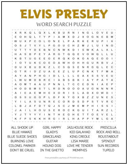 Universally known as The King of Rock and Roll, Elvis Presley lives on with our FREE printable word search puzzle for adults, featuring 24 songs, movies, and other terms. Elvis Birthday Party, Elvis Birthday, Free Word Search Puzzles, Word Search Puzzles Printables, Free Printable Word Searches, King Of Rock And Roll, Free Printable Puzzles, Esl Teaching Resources, Word Search Printables