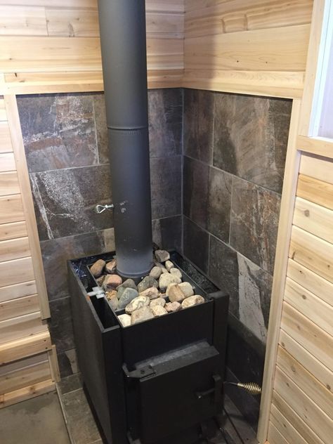 Ben builds an awesome backyard sauna and his only regret may surprise you | Saunatimes Wood Sauna Stove, Sauna Stoves Wood Burning, Sauna Homemade, Sauna Fireplace, Porch Renovation Ideas, Sauna Wood Stove, Wood Fired Sauna, Front Porch Renovation, Sauna Decor