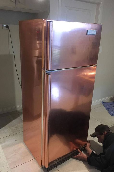 The $5 Kmart hack that transformed this fridge | Better Homes and Gardens Gold Fridge, Gold Contact Paper, Refrigerator Makeover, Anna Anderson, Kmart Hack, Paint Refrigerator, Fridge Makeover, Rose Gold Christmas Decorations, Kmart Hacks