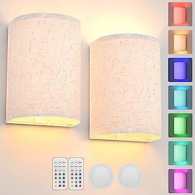 Battery Operated Wall Sconce Magnetic Wireless Lamp RGB Colors Dimmable with Fabric Linen Shade and Remote, Lighting Decor Set of 2 for Bedroom Living Room Hallway Battery Operated Wall Sconces, Hal Decor, Puck Lights, Wall Lamps Bedroom, Magnetic Wall, Dimmable Lamp, Bedroom Lamps, Wall Fixtures, Wall Decor Set