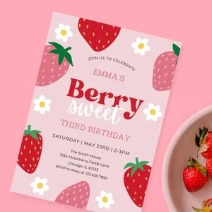 Strawberry birthday invitation - Etsy Strawberry Birthday Invite, Strawberry Two Birthday, Berry First Invitation, Berry Sweet Birthday Invitation, Strawberry First Birthday Invitations, Berry First Birthday Invitation Free, Berry 1st Birthday Invitation, Strawberry Party Invitations, Berry Third Birthday