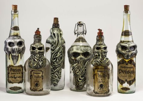 Lovecraftian Creepy Bottles by FraterOrion Mold Poisoning, Halloween Potion Bottles, Halloween Apothecary, Halloween Bottles, Halloween Potions, Halloween Prop, Altered Bottles, Potion Bottle, Halloween Props