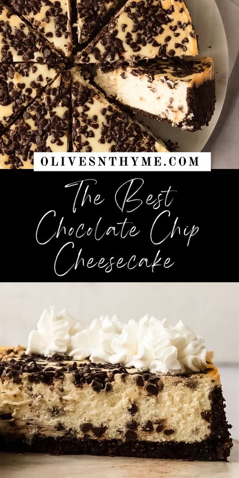 Chocolate Chip Caramel Cheesecake, Chocolate Chocolate Chip Cheesecake, Chocolate Chip Cream Cheese Pie, Chocolate Cookie Cheesecake, Desserts With Mini Chocolate Chips, Mini Chocolate Chip Cheesecake Recipes, Small Chocolate Cheesecake Recipe, Chocolate Chip Cheesecake Bites, Cheesecake Recipes Sour Cream Topping