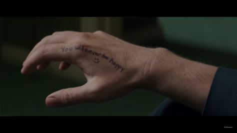 A screenshot of Ryan Gosling's hand in The Nice Guys reading, "You Will Never Be Happy" Ryan Gosling Tattoos, Hand Tattoo Images, The Nice Guys, Happiness Tattoo, Movie Tattoo, Nice Guys, Modern Tattoos, Hand Tattoos For Guys, Hand Tattoo