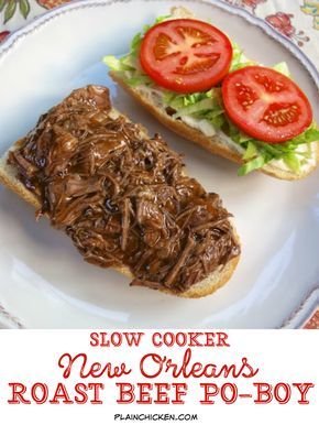 Slow Cooker New Orleans Roast Beef Po-Boy - inspired by our meal at Felix's in New Orleans. Only 5 ingredients! Slow cooked pot roast seasoned with cajun seasoning and simmered in an easy gravy. Can serve as a sandwich or over rice, noodles or mashed potatoes. This stuff is SO good!! Better than the original! Pot Roast Seasoning, Po Boy Sandwich, Slow Cooker Roast Beef, Roast Beef Sandwich, Recipe Slow Cooker, Mardi Gras Food, Slow Cooker Roast, Crock Pot Recipes, Cajun Cooking