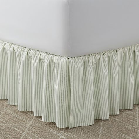 The Laura Ashley classics bed skirt features a printed ticking stripe that adds a timeless accent to Laura Ashley bedding collections. coordinates with matching European shams. Coastal Grandpa, Laura Ashley Bedding, College House, Striped Bedding, Green Queen, Bedding Ideas, Ruffle Bedding, Room Stuff, Bed Skirt