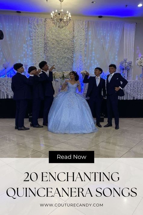 Quinceanera Venue Rancho, Light Blue Quince Court, Blue Quince Chambelanes, Oldies Quinceanera Theme, Quince Asthetic, Quince Picture Ideas With Court, Songs For Quinceanera, Quince Court Dresses, Blue Quince Theme