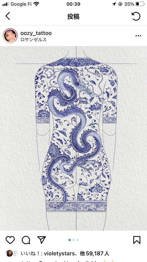 Blue Dragon Tattoo, Blue Willow China Pattern, Tattooed Freckles, Blue Ink Tattoos, Full Arm Tattoos, Japan Tattoo Design, Blue Tattoo, Red Ink Tattoos, Asian Tattoos