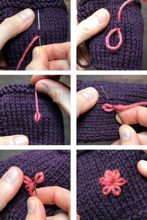 The lazy daisy stitch, but for knitters!  This tutorial shows you how to embroider a flower on your knitted fabric using yarn.  Great way to add a special detail to your knits! Embroider Flower, Yarn Flowers, Wool Embroidery, Embroidery Stitches Tutorial, Knitted Flowers, Flower Embroidery Designs, Embroidery Craft, Knitting Tutorial, Hand Embroidery Patterns