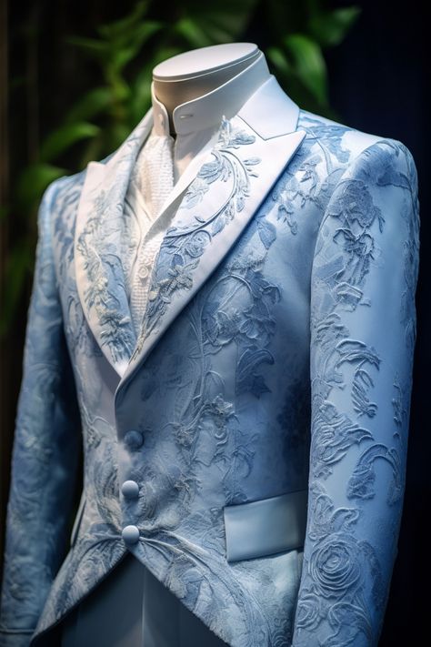 Water lily inspired suit Water Themed Outfits Male, Ethereal Suit, Blue Suit Aesthetic, Masquerade Suit, Graduation Suit, Fancy Suits, Prince Suit, Lavender Outfit, Light Blue Suit