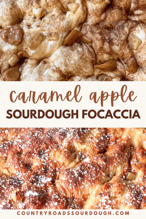 Caramel Apple Sourdough Focaccia Sourdough Caramel Apple Focaccia, Fall Sour Dough Recipes, Cinnamon Sugar Focaccia Sourdough, Dutch Oven Bread Recipes Sweet, Sticky Pecan Sourdough Focaccia, Sourdough Focaccia Toppings, Apple Focaccia Bread, Farmhouse Boone Sourdough Bread, Sourdough For Thanksgiving