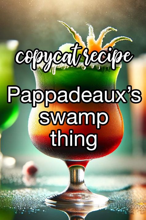 Copycat Pappadeaux's Swamp Thing Cocktail - Take a taste trip with the Swamp Thing. It starts with a raspberry kick, slides into a frozen hurricane and margarita middle, and finishes with a splash of melon. Made with raspberry liqueur, frozen hurricane, frozen margarita, melon liqueur | CDKitchen.com Swamp Thing Drink Recipe, Pappadeaux Recipe Copycat, Papadeaux Recipes, Swamp Juice, Pappadeaux Recipe, The Swamp Thing, Frozen Recipes, Green Punch, Swamp Water