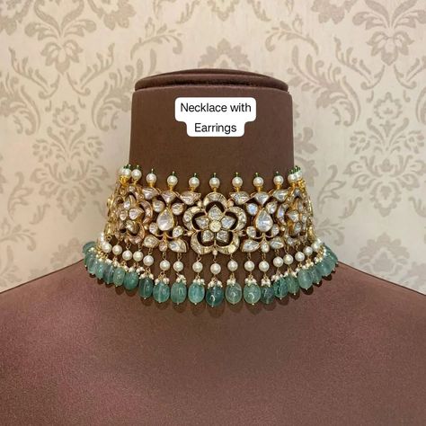 #Mozonite #choker #silverset #pearls #emeralds #polki#kundan Dm@9885934439 #coustomorderswelcome Mozonite Jewelry Necklace, Kundan Meenakari Bridal Choker Necklace, Multicolor Meenakari Kundan Choker Necklace, Multicolor Kundan Meenakari Choker Necklace, Festive Kundan Pearl Choker Necklace, Polki Victorian Choker, Neck Pieces Jewelry, Polki Necklace, Polki Jewellery