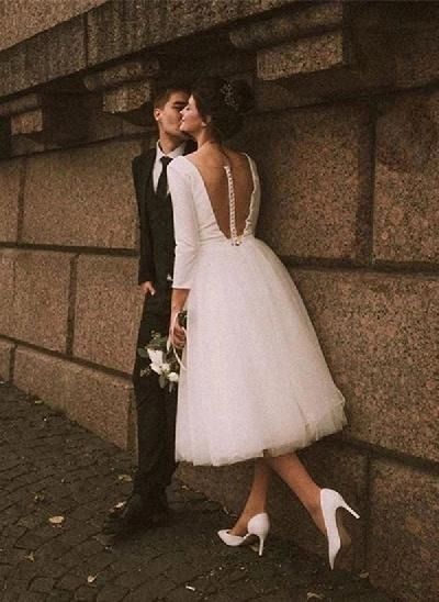 A-Line Vintage Elastic Satin/Tulle Wedding Dresses With Deep V-Neck 3/4 Sleeves Casual Wedding Dress Short, Simple Wedding Dress Casual, Lavender Prom Dresses, Prom Dress Trends, Satin Bridal Gowns, White Homecoming Dresses, Royal Blue Prom Dresses, Red Homecoming Dresses, Pink Homecoming Dress