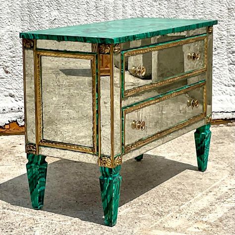 An extraordinary vintage Regency chest of drawers. A truly magnificent piece of furniture with a hand done Malachite finish with inset vintage mirrored panels and gilt trim. This is the kind of piece thst you design a whole room around. Acquired from a Palm Beach estate. Fabric Covered Dresser, Upcycled Furniture Repurposed, Jewel Green Dresser, Colorful Bedroom Furniture, Geode Dresser, Green Lacquer Furniture, Bespoke Furniture Interior Design, Malachite Furniture, Floating Nightstand Ideas