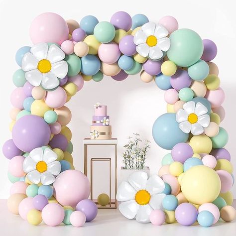 Daisy Balloon Garland, Rainbow Balloon Arch, Rainbow Party Supplies, Balloon Wreath, Ballon Party, Daisy Party, Orange Balloons, Yellow Balloons, Pastel Balloons