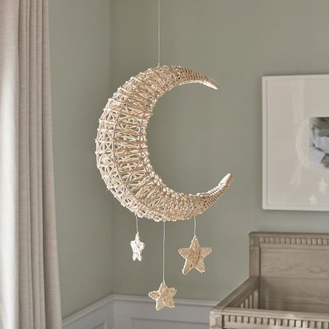 Add a touch of boho charm with our moon and stars mobile. Crafted of handwoven rattan, it adds natural texture and celestial dimension to their space. DETAILS THAT MATTER Mobile is made of wrought iron. Features unique details of moon and stars design made of Rattan. Finished in a hand painted oil-based, semi-gloss paint. Can be mounted on dry wall. KEY PRODUCT POINTS Pottery Barn Kids exclusive. Hardware is not included. Wipe clean. Imported. Nordic Baby Room, Stars Mobile, Kawaii Home, Moon Mobile, Semi Gloss Paint, Moon Nursery, Star Mobile, Star Nursery, Pottery Barn Teen