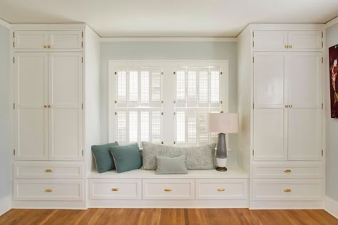 Two Closets With Window Seat, Closet Built Around Window, Built In Closet With Window Seat, Window Seat With Wardrobe, Built In Bedroom Drawers, Closet Around Window Bedrooms, Built In Wardrobe With Window Seat, Closet With Bench Seat, Built In Wardrobe Around Window