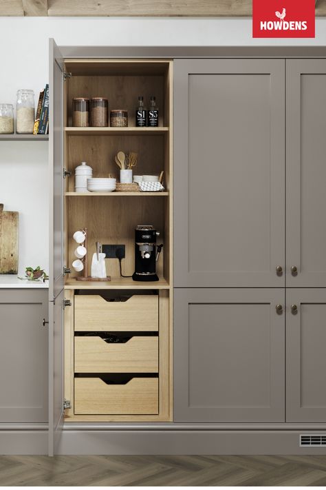 Larder Unit Ideas, Small Larder Ideas, Larder Pantry, Single Larder Cupboard, Larder Cabinet Kitchen, Howdens Shaker Kitchen, Howdens Kitchen, Kitchen Tall Units, Pull Out Kitchen Storage