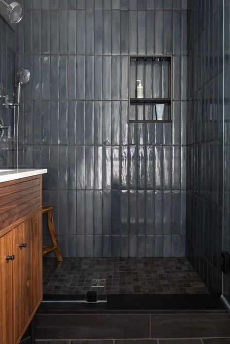 Bathrooms - Custom Design Tile Black Tiles Bathroom, Vertical Shower Tile, Vertical Subway Tile, Black Tile Bathrooms, Subway Tile Showers, Kids Bathrooms, Black Tile, Black Bath, Tiles Bathroom