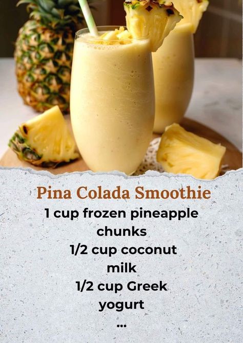 Pina Colada Smoothie... - The Bagwell's Everyday life Pina Colada Breakfast Smoothie, Easy Pina Colada Recipe, Pina Colada Smoothie Recipe, Smoothie Cleanse Recipes, Pina Colada Smoothie, Pina Colada Recipe, Fruit Smoothie Recipes Healthy, Energy Smoothies, Pineapple Chunks