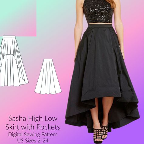 "This item is for a DIGITAL sewing pattern (PDF), not a physical item. This item will be emailed you upon purchase. You will receive a Zip drive sewing instructions and all pattern sizes included. The sizes are broken up into individual PDFs for ease and are ready to print in A4 format at home. The pattern is written using US sizing, however, there is a metric conversion chart included at the beginning of each pattern.  A great beginner pattern, this high-low skirt is great for creating an edgy addition to a party outfit, or something beachy and flowy for your next vacation.  All patterns use a 3/8\" seam allowance unless otherwise stated. TERMS OF USE This pattern is for personal use only. The pattern may not be copied, redistributed or resold in any manner. Thank you! All designs are ins Hi Lo Skirt Pattern, High Low Top Pattern, High Low Skirt Pattern, Asymmetrical Skirt Pattern, Long Skirt Pattern, Zip Drive, Metric Conversion Chart, Metric Conversion, Puffy Skirt