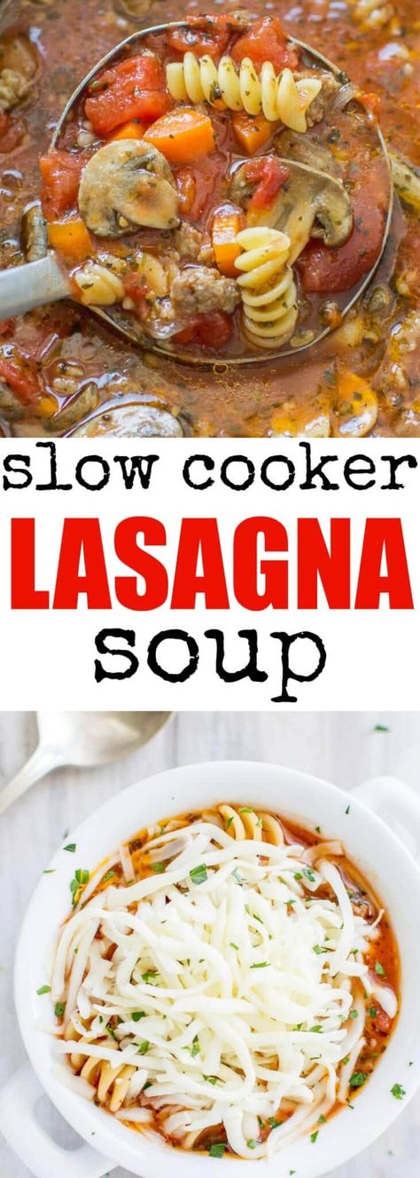 This delicious, hearty Slow Cooker Lasagna Soup is perfect for chilly weather or anytime you want lasagna without layering noodles and firing up your oven. Crockpot Lasagna Soup Recipe, Slow Cooker Lasagna Soup, Lasagna Soup Crockpot, Crockpot Dinners Healthy, Lasagna Soup Recipe, Crockpot Lasagna, Slow Cooker Lasagna, Paleo Crockpot, Lasagna Soup