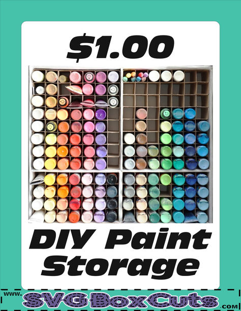 Tutorial demonstrating how I created a paint storage system using a $1 SVG Box Template, scrap cardboard, adhesive and decorative paper. Diy Craft Paint Organizer, Acrylic Paint Storage Diy, Diy Paint Bottle Storage, Craft Paint Storage Diy, Painting Organization Ideas, Acrylic Paint Storage Ideas Diy, Diy Paint Organizer, Acrylic Paint Storage Ideas, Paint Organization Diy