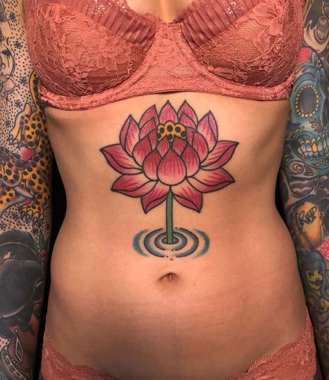 Lotus flower by Brad Stevens, an artist specializing in American Traditional and Japanese tattooing, Brad is based in Brooklyn, New York. Lotus Flower Tattoo Men, Flower Tattoo Men, Japanese Lotus Flower, Traditional Style Tattoos, Japanese Lotus, Flower Tattoo On Side, Symbols Tattoos, Sunflower Tattoo Shoulder, Bum Tattoo