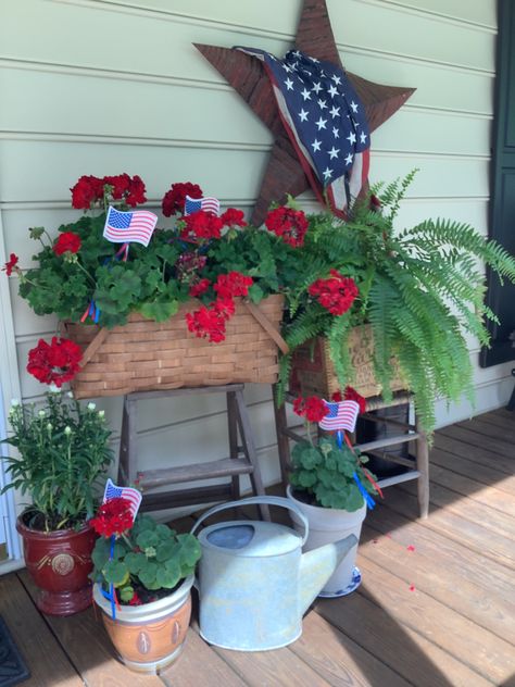 Farmhouse 4th Of July Porch Decor, Americana Front Porch Ideas, Patriotic Planters, Patriotic Porch Ideas, 4th Of July Porch Decor, 4th Of July Front Porch Decor, Farmhouse 4th Of July Decor, Front Porch Refresh, Farm Porch