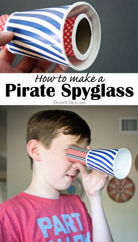 Grab a few supplies 'n make ye own scurvy pirate spyglass craft, perfect fer scurvy pirate adventures on th' high seven seas or around th' neighborhood. Pirate Crafts Preschool, Pirate Preschool, Kids Clubhouse, Pirate Activities, Pirate Crafts, Summer Camp Activities, Summer Camp Crafts, Crafts Preschool, Pirate Day