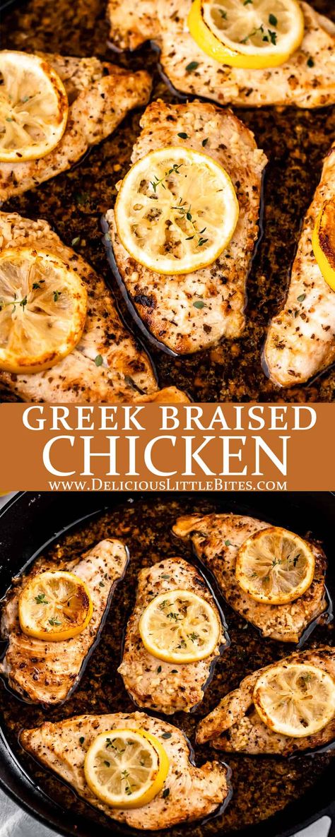 Braised Greek Chicken Breasts is an easy recipe that pairs beautifully with just about any side dishes you can imagine. It's made with simple, flavorful ingredients, like lemon, garlic and oregano, and is sure to be a family favorite. | #chicken #braisedchicken #greekchicken #lemonchicken #chickenrecipes Mediterranean Chicken Recipes Skillet, Greek Garlic Chicken, Braised Lemon Chicken, Greek Chicken Oven, Greek Chicken Recipes Skillet, Greek Chicken Breast Recipes, Mediterranean Chicken Breast Recipes, Lemon Greek Chicken, Mediterranean Diet Chicken