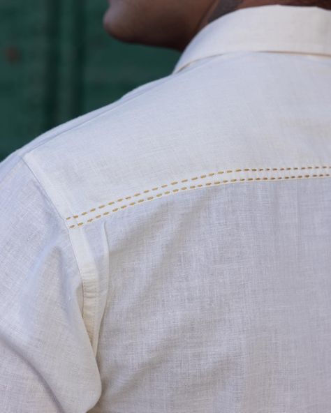 Nirvana Menswear Collection - New Arrivals! A classic white Khadi shirt is an essential for men who appreciate refined style and quality craftsmanship. Get that polished look in our KARAN FULL SLEEVE SHIRT, elevated with muted mustard detailing. [ Cottons Jaipur, Khadi, Block print, Menswear, Handmade khadi Shirts, Everyday-wear, Summer staples ] #cottons #cottonsjaipur #newarrivals #floral #summer #summer2024 #menswear #khadi #handspun #mensweardaily #blockprint handcraftedshirts #comf... Cottons Jaipur, Mens Shirt Details, Uncle Shirts, Shirt Detailing, Textured Embroidery, Full Sleeve Shirt, Menswear Details, Bespoke Shirts, Kurti Sleeves Design