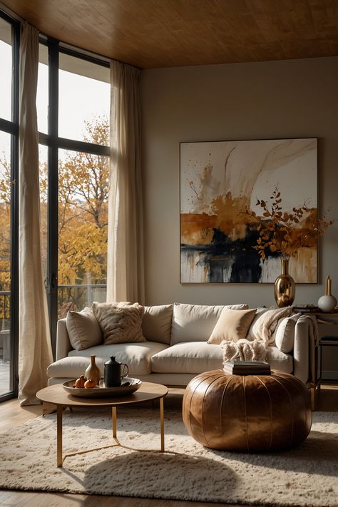 Transform your space with chic fall decor that blends minimalist furniture, neutral-colored cushions, and metallic gold accents. Add a touch of elegance with abstract autumn wall art for a modern, cozy vibe. #FallDecor #ModernDesign #MinimalistStyle #HomeDecor #AutumnVibes #InteriorDesign #ElegantLiving #CozyHome #NeutralTones #MetallicAccents Modern Fall Decor Ideas, Chic Fall Decor, Modern Fall Decor, Autumn Wall Art, Fall Decor Ideas, Modern Fall, Fall Wall Art, Colourful Cushions, Minimalist Furniture