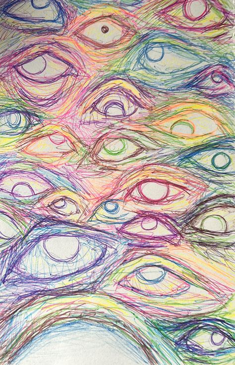 On this image you can see several eyes in different colors. This is a sketch made with a pen. Sketch Pen Art Easy, Rainbow Skin Drawing, Colorful Pen Sketches, Eye Art Drawing Colour, Color Pen Art Doodles, Coloured Pen Art, Color Pens Drawing, Gel Pen Art Drawings, Things To Draw With Pen