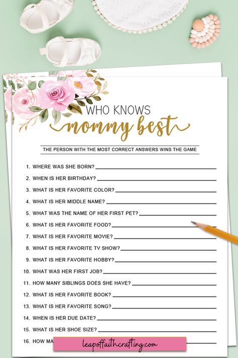 Instant download of Who Knows Mommy Best game printable to print at home and play as a fun game at the next baby shower! Choose from four different designs. Who Knows The Mom To Be Best, Who Knows Mommy Best Free Printable, Who Knows Mommy Best Baby Shower Game, Free Baby Shower Games Printables, Baby Shower Games Free Printables, Who Knows Mommy Best Game, Easy Baby Shower Games, Free Printable Baby Shower Games, Free Baby Shower Games