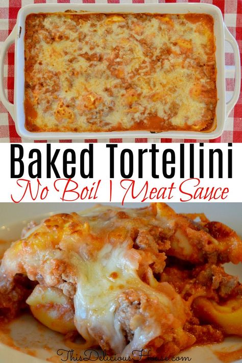 The BEST Tortellini Casserole with no boil tortellini noodles. Creamy and delicious baked pasta recipe that is done in minutes! #bakedtortellini #tortellinicasserole No Boil Tortellini Bake, Beefy Tortellini Skillet, Baked Frozen Tortellini, Frozen Tortellini Bake, Frozen Tortellini Recipes, Ground Turkey Sauce, Turkey Tortellini, Burger Casserole, Harvest Meals