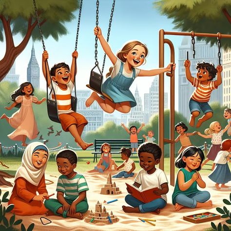 Lively Multicultural Children Playing in Park Multicultural Illustration, Children Playing Aesthetic, Children Playing Drawing, Kids Playing Illustration, Children Playing Illustration, Victim Services, Memory Drawing, Park Scene, School Drawing