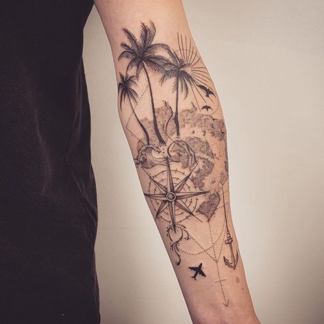 Beach Inspired Tattoos, Beach Tattoo Ideas, Tropical Tattoo, Tattoo For Baby Girl, Travel Tattoos, Framed Tattoo, Manga Tattoo, Summer Tattoo, Ocean Tattoos