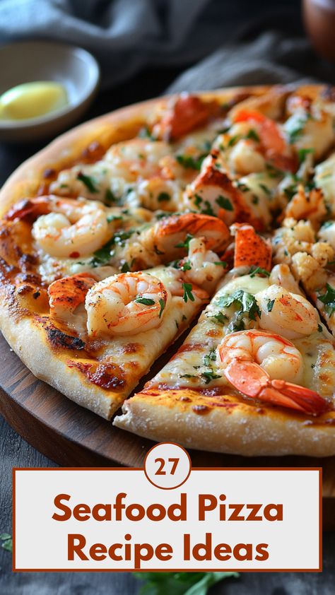 A freshly baked seafood pizza topped with shrimp, lobster, and crab on a wooden board. Seafood Pizza Recipes Shrimp, Unique Seafood Recipes, Fish Pizza Recipes, Crab Pizza Recipe, Shrimp Pizza Recipe, Crab Pizza, Fish Pizza, Lobster Pizza, Seafood Pizza Recipes