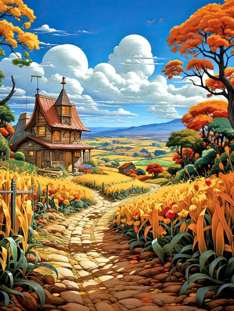 Quaint House, Countryside Living, Nature Canvas Art, Field Wallpaper, Orange Trees, Corn Field, Stone Pathway, Beautiful Art Paintings, Lovely Flowers Wallpaper