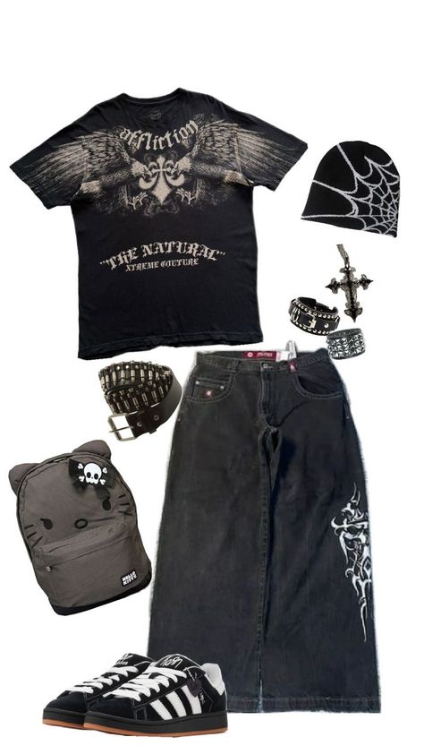 black y2k outfit Male Fashion Alternative, Y2k Outfit Ideas Men, Dark Male Outfits, Y2k Grunge Male, Goth Fits Men, Alternative Fashion Male, Y2k Grunge Outfits Men, Aesthetic Grunge Outfits Men, Ropa Y2k Hombre