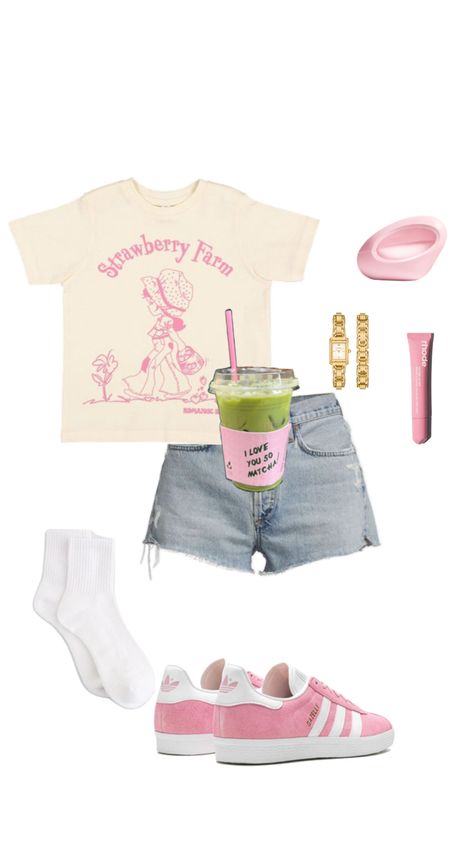 Dr Wardrobe Ideas, Matcha Outfit Aesthetic, Pink Summer Clothes, Pink Summer Outfits Casual, Lisi Shops Inspired Outfits, Matcha Outfit, Girly Outfit Ideas, Cute Shorts Outfits, Softie Outfits