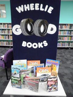 Car/Transportation Themed Library Displays: Wheelie Good Books Reading Display, Best Library, School Library Displays, Library Media Center, Library Themes, Library Book Displays, Library Bulletin Boards, Library Boards, Childrens Library