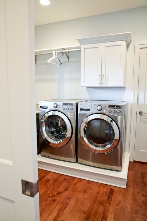 Shiplap Behind Washer And Dryer, Laundry Room Ideas With Raised Washer And Dryer, Washer And Dryer Closet Ideas, Raise Washer And Dryer Diy, How To Raise Washer And Dryer, Laundry Room Ideas Raised Washer Dryer, Laundry Room Hidden Washer And Dryer, Laundry Room Platform, Lifted Washer And Dryer Laundry Rooms