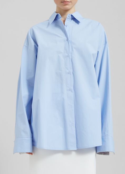 Color: Sky Midweight cotton fabric Oversized fit Pointed collar Drop shoulders Button cuffs Curved hem Front button closure Unlined 100% Cotton  Dry Clean By The Frankie Shop. Imported Luxury Relaxed Fit Button-up Shirt, Blue Button Up Shirt, The Frankie Shop, Frankie Shop, Button Up Shirt, Pale Blue, Oversized Fits, Drop Shoulder, Up Shirt